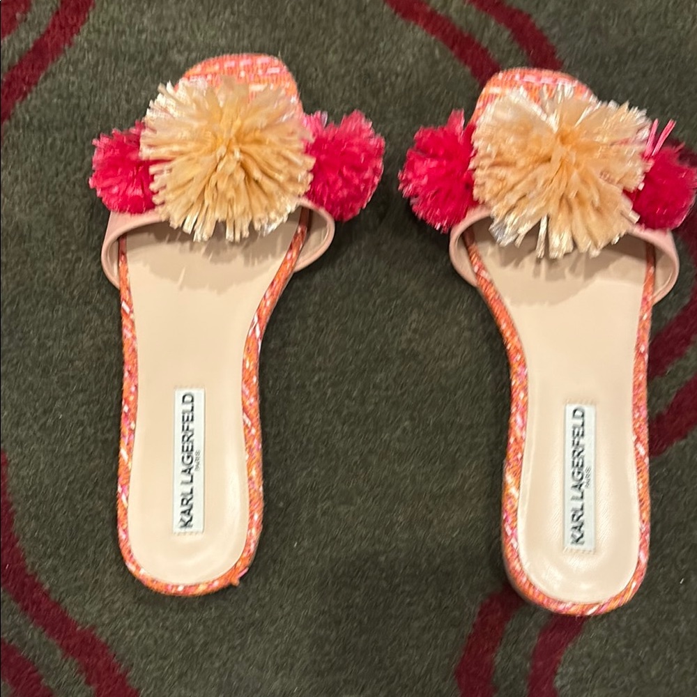 Karl Lagerfeld Pink and Orange Pom Pom Sandals - Picture 2 of 6